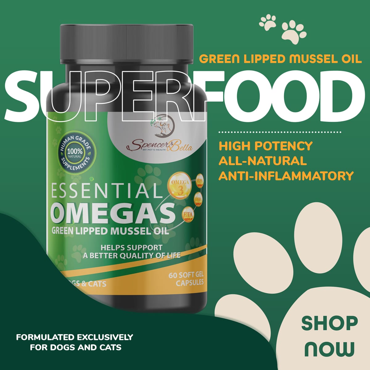 Human Grade Perna Canaliculus or Green Lipped Mussel Oil has 18 Omega 3’s including three very important fatty acids: EPA, DHA and ETA.